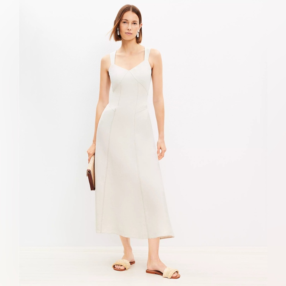 LOFT Linen Blend Seamed V-Neck Midi Dress SIZE 0